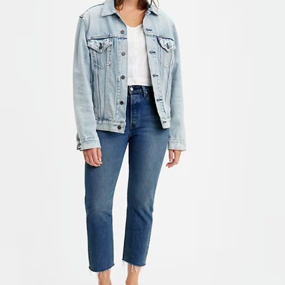 Levis Premium 501 High Rise Cropped Jeans Frayed Hem Med Wash Size 28 Cap E Logo - Picture 2 of 12